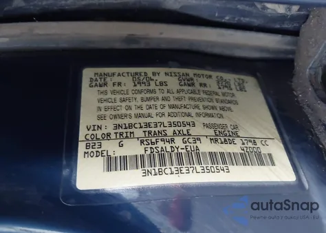 2007 Nissan Versa 1.8S z USA, uszkodzony, nr VIN 3N1BC13E37L350543